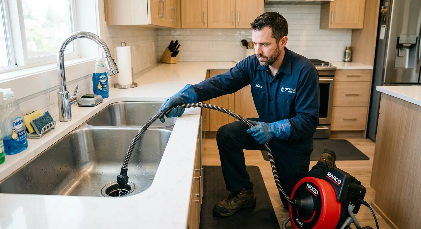 Drain cleaning technician using a motorized snake on a kitchen sink in Fairfield Plantation