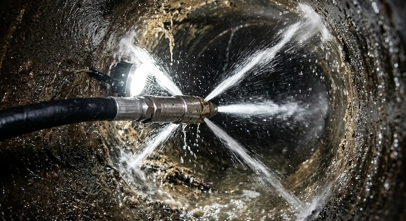 High-pressure hydro jetting nozzle cleaning sewer pipe for Trenchless Sewer Repair in Fairfield Plantation