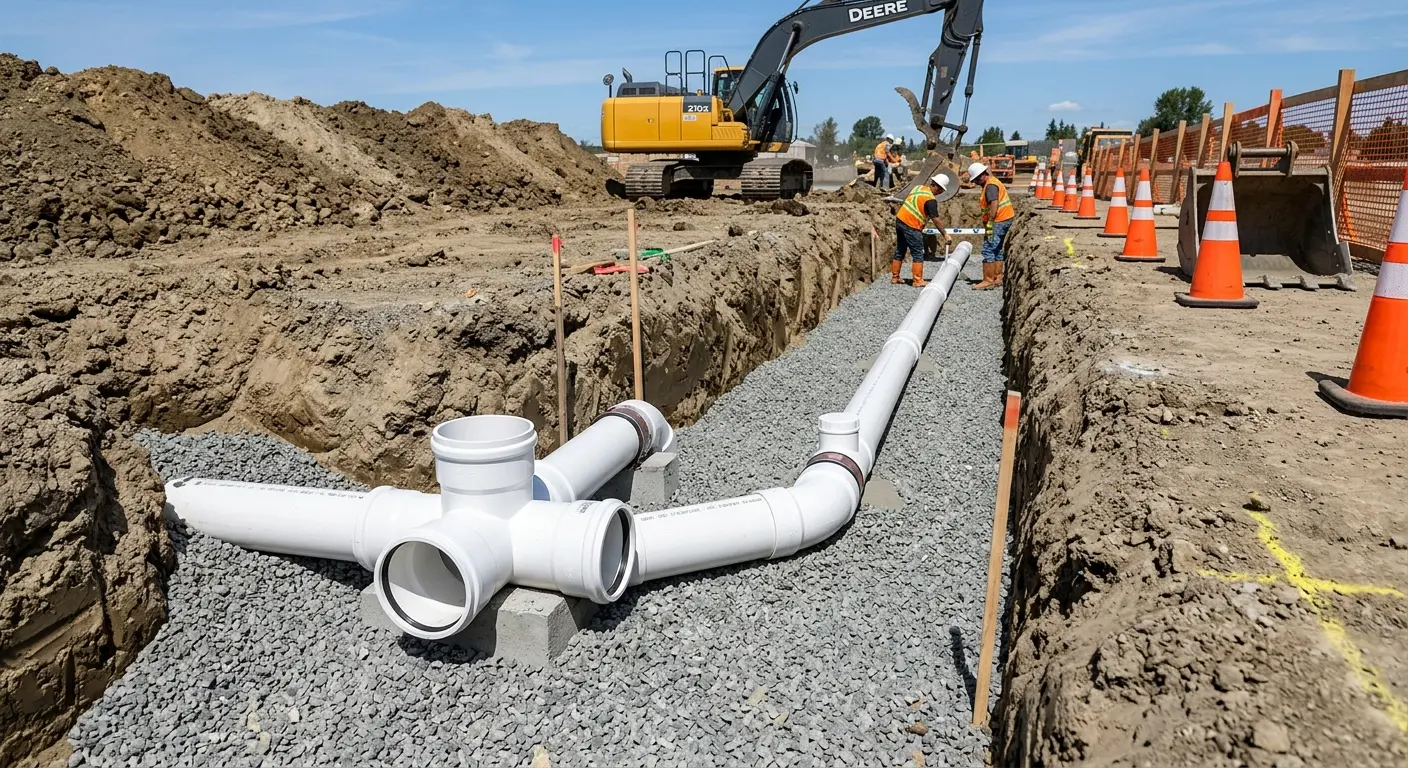 New PVC sewer pipe installation in open trench for Sewer Backup in Fairfield Plantation