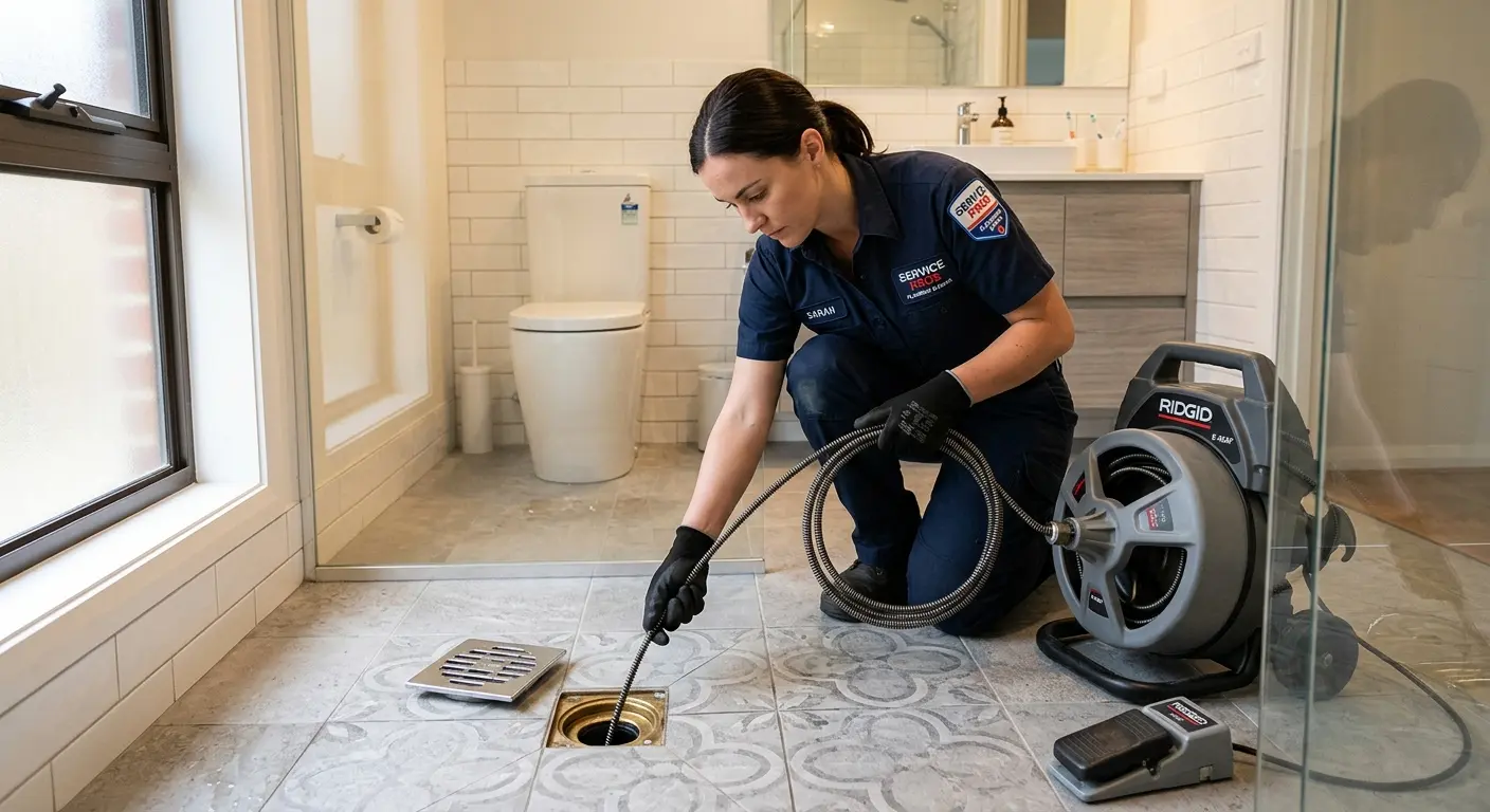 Technician clearing a bathroom floor drain for Drain Cleaning in Fairfield Plantation